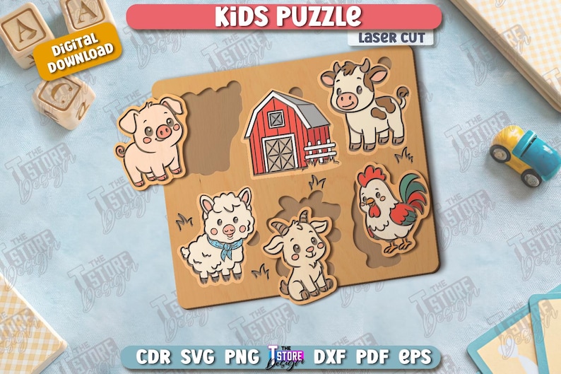 May include: A wooden kids puzzle with farm animal shapes, including a pig, cow, sheep, goat, and rooster. The puzzle also features a red barn. The words "KIDS PUZZLE" and "Laser Cut" are visible.