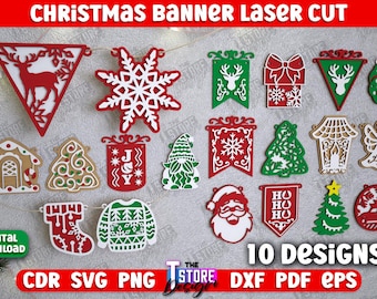 Christmas Banners Bundle, Xmas Layered Garland Laser Cut, Xmas Wall Decorations, Bunting Banners Svg, 3D Christmas Banners Laser Cut Bundle