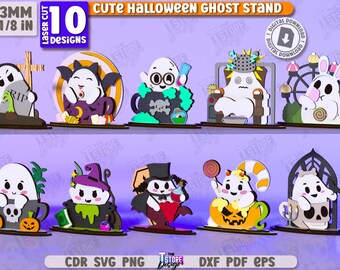 3d cute Halloween ghost stands laser cut bundle, Halloween decor, spooky stand svg, shelf sitter svg, Halloween ghost laser cut, ghost decor