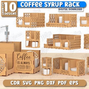 Może przedstawiać: Dziesięć projektów do pobrania cyfrowo dla stojaka na syrop do kawy. Projekty prezentują różne wzory i powiedzenia, w tym "Kawa zawsze jest dobrym pomysłem".