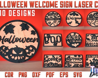 Halloween Willkommensschild Laser Cut Bundle | Halloween Laser Design | Laser geschnitten SVG-Bundle | CNC-Dateien