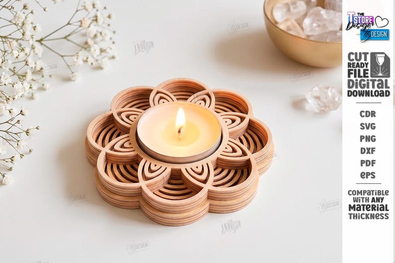 May include: A light-colored wooden tea light candle holder featuring a layered, flower-shaped design with concentric petal cutouts. A single lit tea light candle sits in the center. The image includes text: THE STORE DESIGN, CUT READY FILE DIGITAL DOWNLOAD, CDR, SVG, PNG, DXF, PDF, EPS, COMPATIBLE WITH ANY MATERIAL THICKNESS.