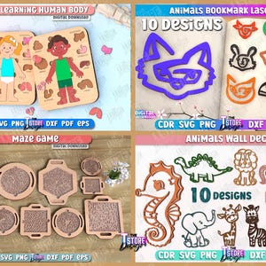 May include: A collection of laser-cut wooden educational toys and decor. Includes a human body puzzle, animal bookmarks, maze games, and animal wall decor. Each set offers multiple designs, available as digital downloads in various file formats.