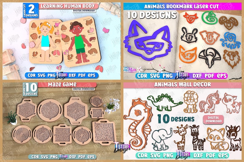 May include: A collection of laser-cut wooden educational toys and decor. Includes a human body puzzle, animal bookmarks, maze games, and animal wall decor. Each set offers multiple designs, available as digital downloads in various file formats.
