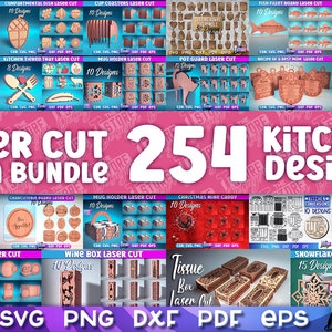May include: A collage of 254 laser cut kitchen designs in various styles. The designs include pizza cutters, coasters, serving trays, wine bottle holders, and more. The image includes the text "Laser Cut Mega Bundle 254 Kitchen Designs".