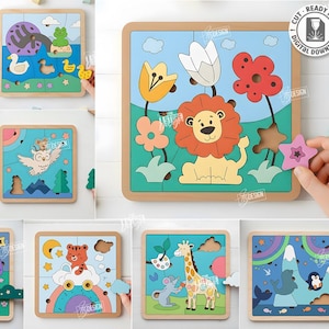May include: Wooden puzzles with colorful animal designs, including a lion, giraffe, and owl. Each puzzle has a wooden frame and features a unique animal scene. The puzzles are designed for laser cutting and are compatible with any material thickness.