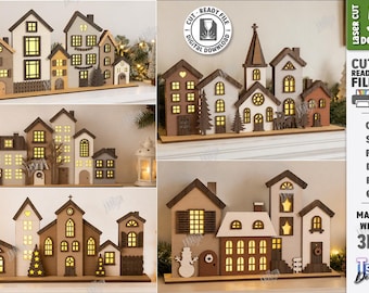 Christmas Village SVG - Laser Cut Lighted Village Stand - Wooden Christmas Houses - Holiday Mantel Decor svg