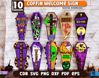 3D-Sarg Willkommensschild Laser geschnitten Bundle, Halloween Türschilder, Halloween Türschild, Türschild Türschild, Happy Halloween svg