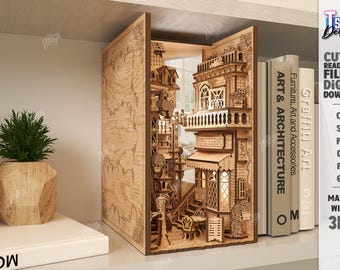 Rincón de libros 3D cortado con láser en un callejón europeo, caja de sombras de ciudad antigua, diseño de rincón de libros de callejón mágico, kit digital de rincón de libros de madera, inserto de estante