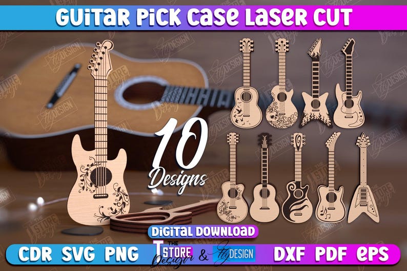 May include: Ten digital download designs for laser cut guitar pick cases. The designs feature various styles of guitars with intricate details. The designs are available in CDR, SVG, PNG, DXF, PDF, and EPS formats.