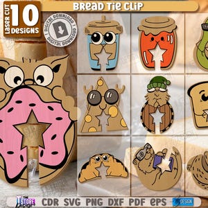 Könnte beinhalten: Eine Sammlung von 10 lasergeschnittenen Brotverschluss-Clips aus Holz mit verschiedenen Designs, darunter ein Donut, eine Kaffeetasse und eine Avocado. Die Clips haben einen sternförmigen Ausschnitt. Der Text "BREAD TIE CLIP" steht oben.