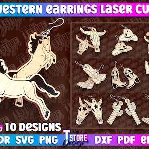 Puede incluir: Una descarga digital de 10 diseños de pendientes de temática western. Los diseños incluyen un caballo, botas de vaquero, un cactus, una calavera y un sombrero de vaquero. Los diseños están cortados con láser y se pueden utilizar para crear pendientes, llaveros u otras manualidades.