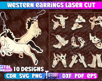 Western Earrings Laser Cut SVG | Western Cowboy Boots Earrings SVG Design | Cowgirl Accessories Laser Design | Western Laser Earrings Set