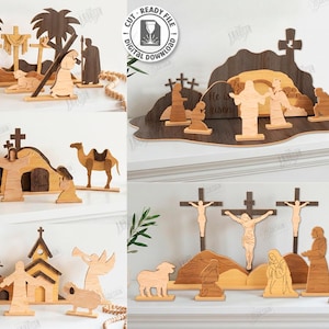 Può includere: Figurine religiose in legno tagliate al laser che raffigurano scene bibliche. Il set include croci, angeli e figure di Gesù, Maria e altri personaggi biblici. Compatibile con qualsiasi spessore del materiale.