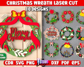 May include: A set of 10 Christmas wreath designs for laser cutting. The designs include wreaths with holly, berries, pine cones, bells, and candy canes. The text "Merry Christmas" is featured on one of the wreaths.