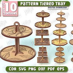 Könnte beinhalten: Zehn digitale Download-Designs für lasergeschnittene, mehrstufige Tabletts. Die Designs zeigen verschiedene Muster, darunter florale, geometrische und Mandala-Muster. Die Tabletts sind 6 mm (1/4 Zoll) dick.