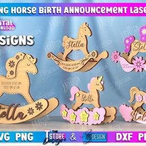 Paquete de anuncio de nacimiento de caballo mecedor cortado con láser, regalo de recuerdo de hospital para bebé, cuadro de estadísticas de nacimiento de bebé cortado con láser, pulsera para bebé recién nacido