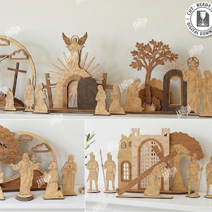Paquete de soportes cortados con láser para escenas de resurrección de Pascua en 3D, decoración de Semana Santa en formato SVG, escena religiosa, letrero de mesa de resurrección cristiana, tumba vacía