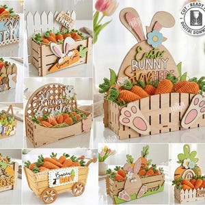 以下が含まれることがあります： レーザーカットされた木製のイースターデコレーションのコレクション。デザインには、ニンジン型のオブジェクト、ウサギの耳、「Happy Easter」と「Bunny Bait」のフレーズが詰められた箱やカートが含まれています。デザインはレーザーカットに適しています。
