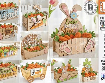 Paquete de cebo de conejito de Pascua 3D cortado con láser, canasta de Pascua personalizada para niños, caja de regalo de cebo de conejito de Pascua, carro de golosinas de primavera SVG