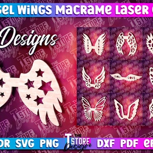 May include: A set of 10 angel wing designs for laser cutting. The designs include wings with stars, hearts, butterflies, and the words "Love" and "Joy".
