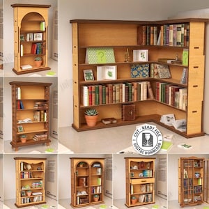 Puede incluir: Una colección de diez diseños de estanterías de madera cortadas con láser. La imagen muestra varios estilos de estanterías, incluyendo unidades de esquina y estanterías individuales, todas llenas de libros y objetos decorativos. Los diseños están disponibles como descargas digitales.