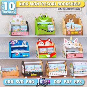 3d kids montessori bookshelves laser cut bundle, montessori furniture laser cut, wood toddler bookcase, shelf for kids, nursery wood decor