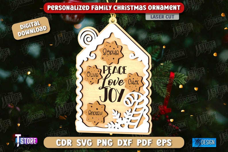 May include: A laser-cut wooden Christmas ornament shaped like a gingerbread house. The ornament features the words "Peace, Love, Joy" and personalized names. The text "Personalized Family Christmas Ornament" is at the top.