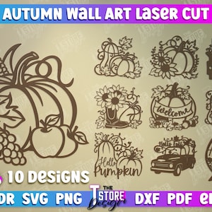 Puede incluir: Diez diseños digitales con temas de otoño, que incluyen calabazas, girasoles, hojas y un camión. Los diseños son perfectos para cortar con láser y crear arte de pared.