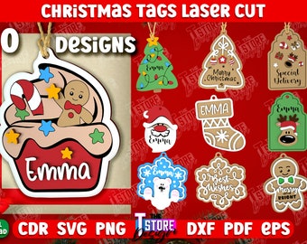 3D Christmas Tags Laser Cut Bundle, Personalized Christmas Ornaments, Custom Christmas tree Decor, Wood Xmas decor, Gift tags Laser cut v.2