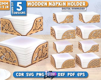 Wooden Napkin Holder Laser Cut Bundle, Kitchen Decor SVG, Floral Napkin Holder for Table, Tissue Box, Table Decor, Napkin Caddy Dispenser