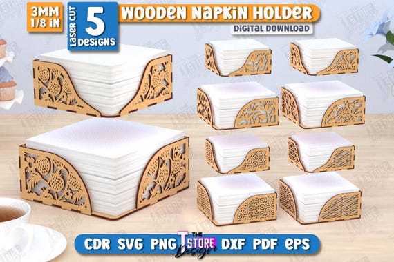 Wooden Napkin Holder Laser Cut Bundle, Kitchen Decor SVG, Floral Napkin Holder for Table, Tissue Box, Table Decor, Napkin Caddy Dispenser