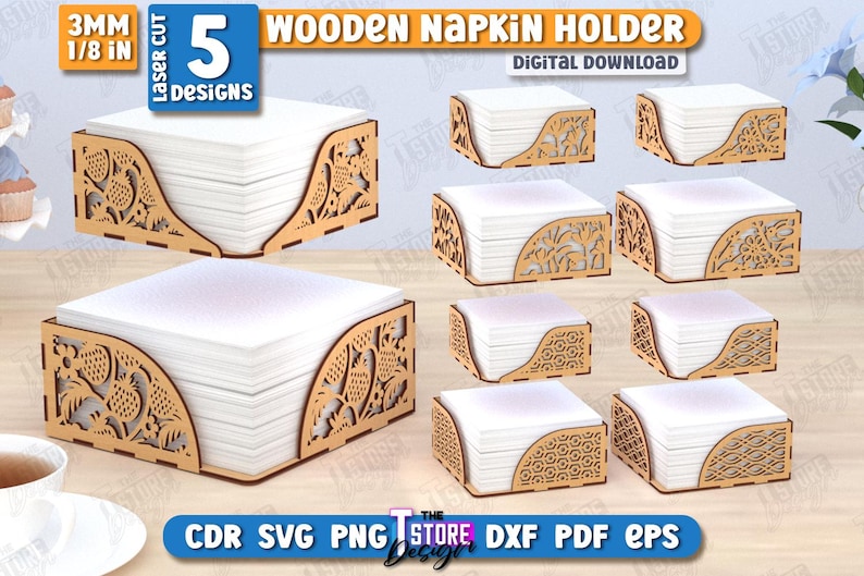 May include: Five digital download designs for laser cut wooden napkin holders. Each design features a different intricate pattern with a floral motif. The designs are 3mm thick, or 1/8 inch.