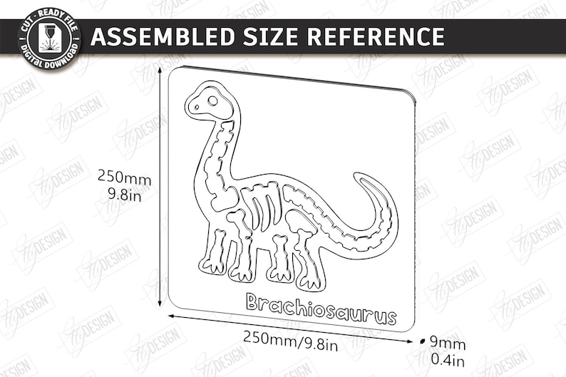 K&ouml;nnte beinhalten: Ein lasergeschnittener Brachiosaurus-Dinosaurier-Umriss mit Skelett-Design auf einer quadratischen Platte. Die montierte Gr&ouml;&szlig;e betr&auml;gt 250 mm x 250 mm und 9 mm dick. Der Text "Brachiosaurus" befindet sich darunter.
