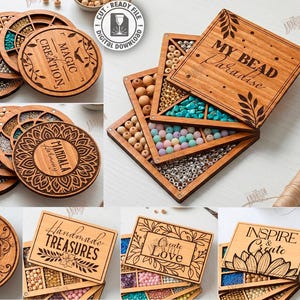 May include: Wooden laser-cut designs for crafting, including boxes and coasters with decorative text and patterns. The image shows various designs with the text "Craft", "Joy", "Magic Creation", "Mandala", "Boho Spirit", "Little Things Matter", "Handmade Treasures", "My Bead Paradise", "Create Love", and "Inspire & Create".