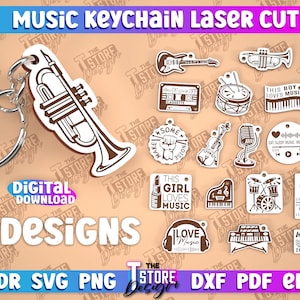 Puede incluir: Una colección de 20 diseños de llaveros con temática musical cortados con láser. Incluye un llavero de trompeta, junto con otros instrumentos musicales y frases como "This Girl Loves Music". El texto "MUSIC KEYCHAIN LASER CUT" está en la parte superior.