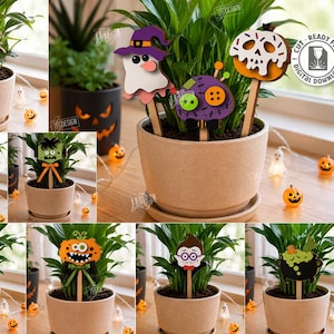 Può includere: Una collezione di dieci picchetti per piante di Halloween tagliati al laser con vari personaggi tra cui un fantasma, un teschio, una zucca e un mostro. Questi topper decorativi in legno sono disponibili per il download digitale nei formati CDR, SVG, PNG, DXF, PDF ed EPS.