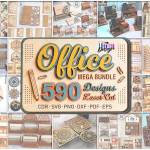 Könnte beinhalten: Eine Sammlung von lasergeschnittenen Holzdesigns für das Büro, darunter Schreibtisch-Organizer, Stifthalter und Kalender. Das zentrale Bild zeigt den Text "Office MEGA BUNDLE 590 Designs Laser Cut" in einem stilisierten Schriftzug, mit Bleistift und Büroklammer.