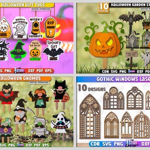 May include: A collection of Halloween-themed laser cut designs. Includes gift tags, garden stakes, gnomes, and gothic window designs. Each set offers 10 unique designs, perfect for crafting and seasonal decor.