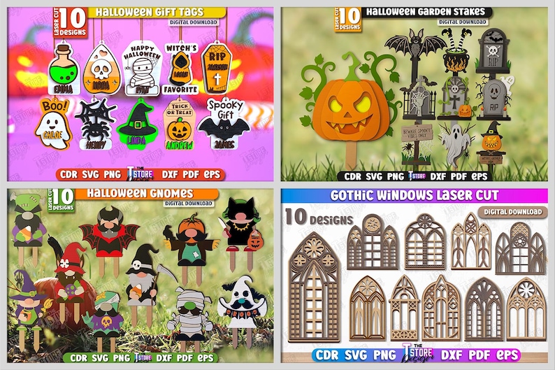 May include: A collection of Halloween-themed laser cut designs. Includes gift tags, garden stakes, gnomes, and gothic window designs. Each set offers 10 unique designs, perfect for crafting and seasonal decor.