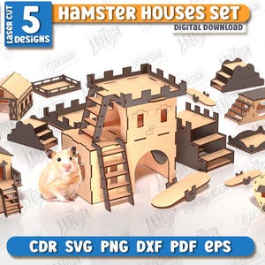 May include: A set of five laser-cut hamster house designs. The houses are made of light brown wood and dark brown accents. The set includes a castle, a two-story house, stairs, and other structures. The image also includes a hamster. The text on the image says "Hamster Houses Set".