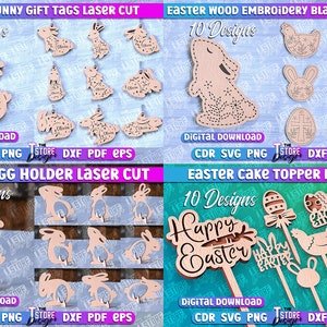 May include: A digital download of 10 laser cut designs for Easter bunny gift tags, Easter wood embroidery blanks, Easter egg holders, and Easter cake toppers. The designs include bunnies, eggs, crosses, and the words "Happy Easter".