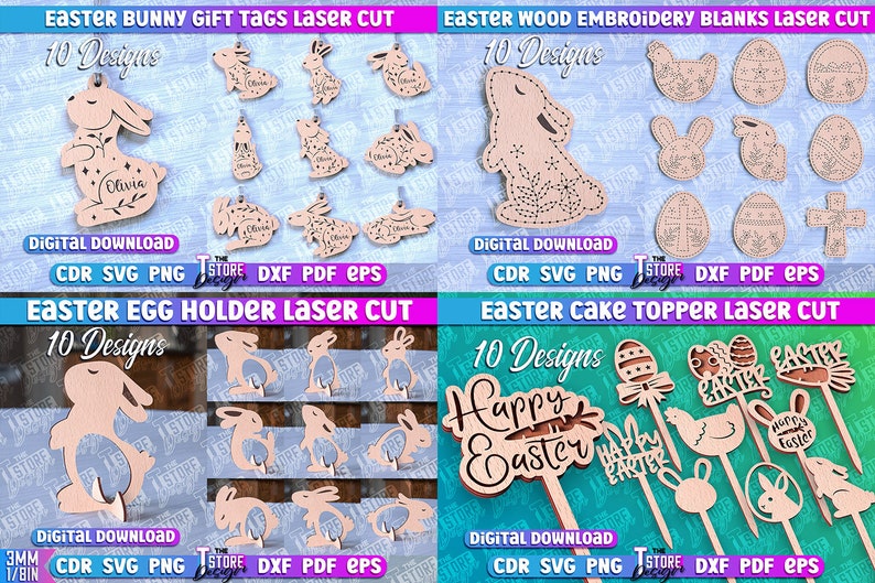 May include: A digital download of 10 laser cut designs for Easter bunny gift tags, Easter wood embroidery blanks, Easter egg holders, and Easter cake toppers. The designs include bunnies, eggs, crosses, and the words "Happy Easter".