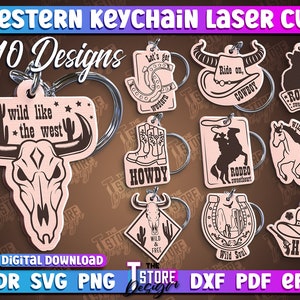 May include: A collection of ten laser-cut wooden keychains with a Western theme. Designs include a steer skull, cowboy boots, a horseshoe, and cowboy hats. Text includes "Wild like the West," "Howdy," and "Ride on, Cowboy."