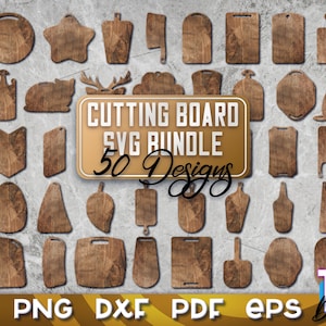 May include: A collection of 50 cutting board SVG designs in a bundle. The designs are in a rustic wood style and feature various shapes, including hearts, stars, and animals. The text "Cutting Board SVG Bundle 50 Designs" is displayed in a gold banner.