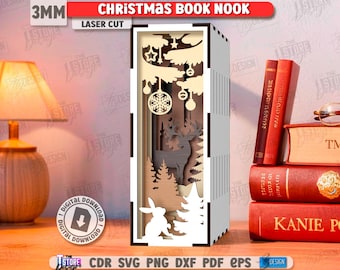 Cantinho de livros de inverno e natal 3D cortado a laser, suportes de prateleira svg, decoração de prateleira com cena de natal, inserção de prateleira em camadas de madeira em miniatura de natal