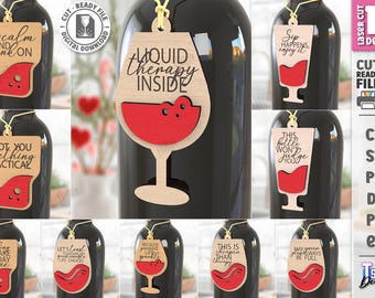 Lot d'étiquettes de bouteille de vin 3D découpées au laser, étiquette de vin en bois découpée au laser, svg bohème, étiquette suspendue citations de vin, étiquette volante de bouteille, cadeau pour amateurs de vin