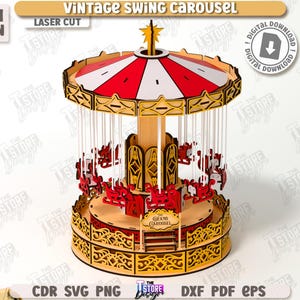 May include: A laser-cut wooden vintage swing carousel with red, white, and gold accents. The carousel features miniature red horses and the text "Grand Carousel". The top is red and white striped. The material is 1/8 inch thick.