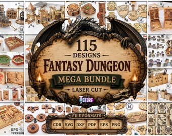 115 Fantasy Dungeon Laser Cut Mega Bundle, Game Master Screen Designs, RPG accessories, HP tracker SVG, Dice Tower dxf, Dice Tray Laser cut