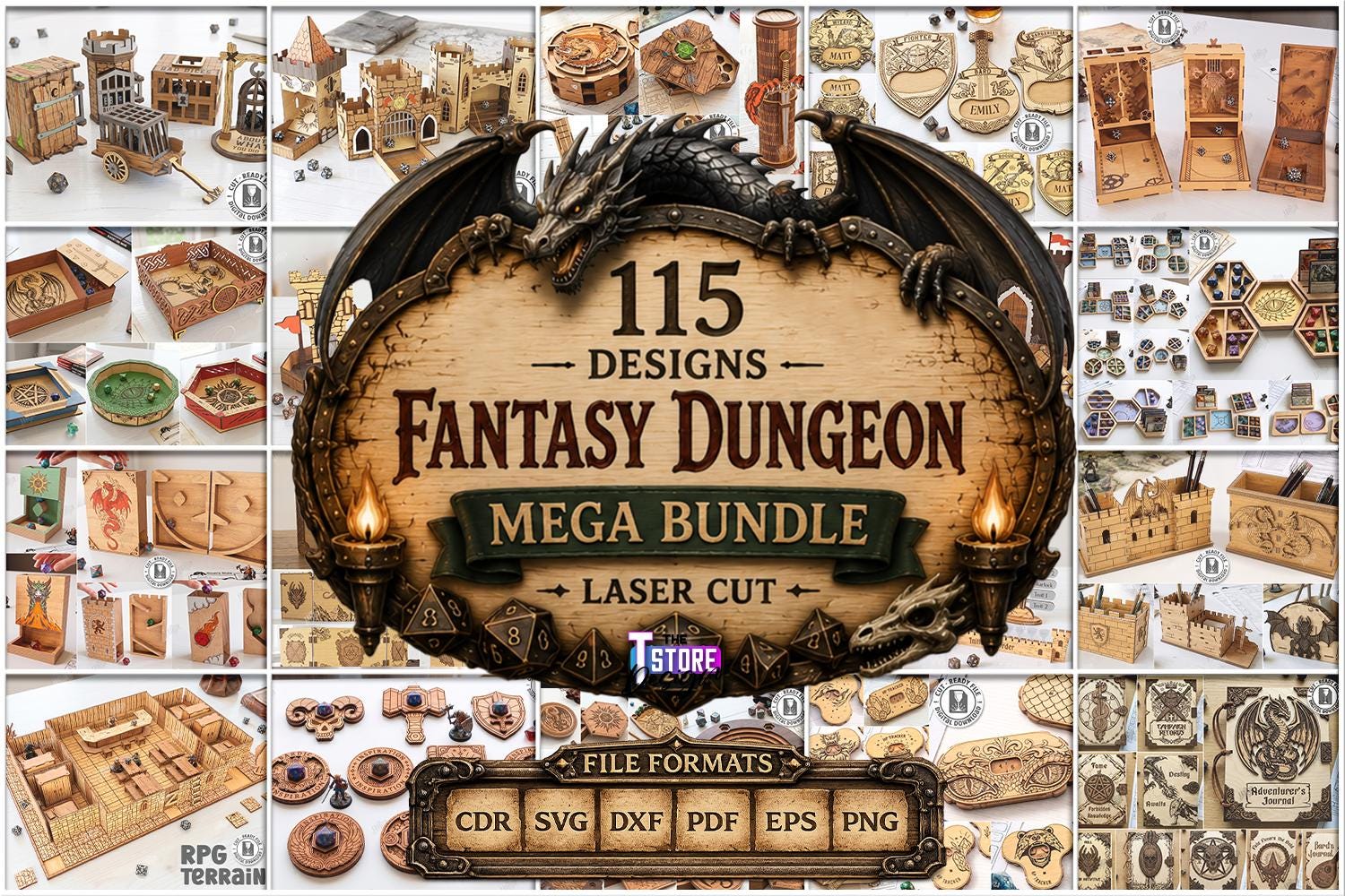 Listing photo: 115 Fantasy Dungeon Laser Cut Mega Bundle, Game Master Screen Designs, RPG accessories, HP tracker SVG, Dice Tower dxf, Dice Tray Laser cut